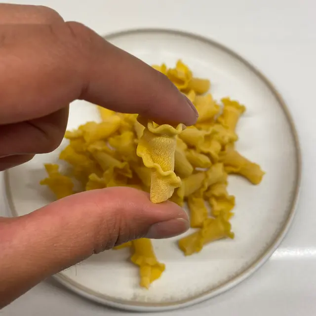 Campanelle held between fingers