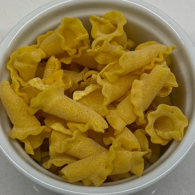 A close up shot of Campanelle in a round white ramekin