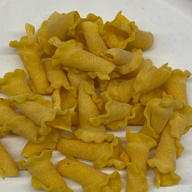 A close up shot of Campanelle on a round white plate