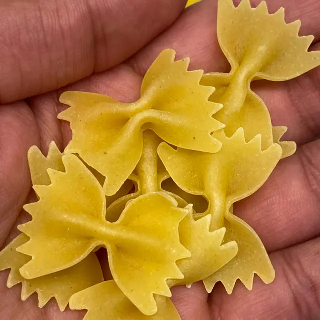 A close up shot of Farfalle in a hand