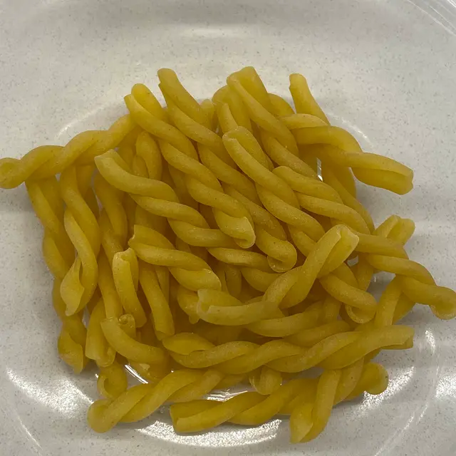 A close up shot of Gemelli on a round white plate