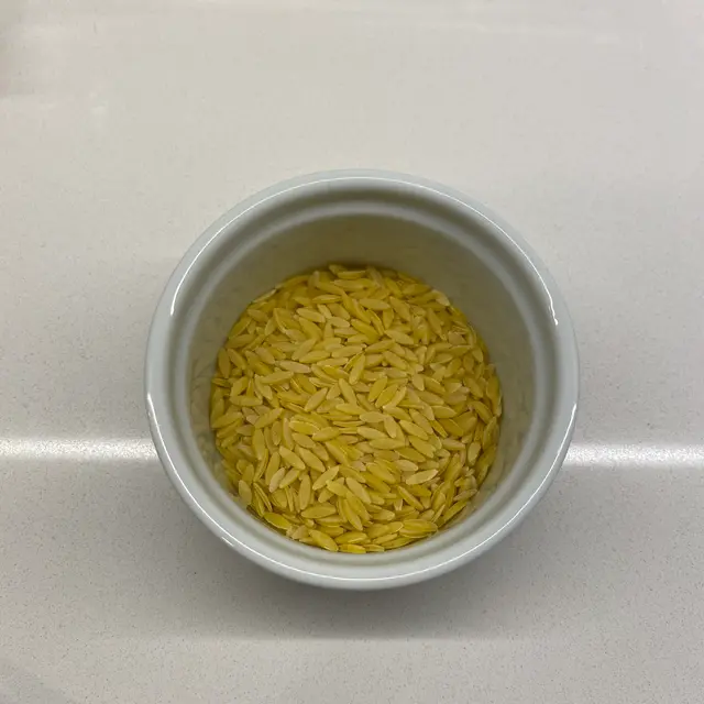 Orzo in a round white ramekin