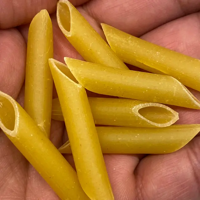 A close up shot of Penne in a hand