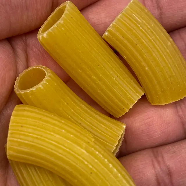 A close up shot of Rigatoni in a hand