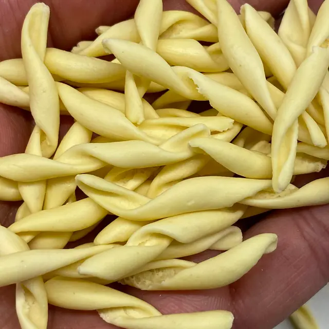 A close up shot of Strozzapreti in a hand