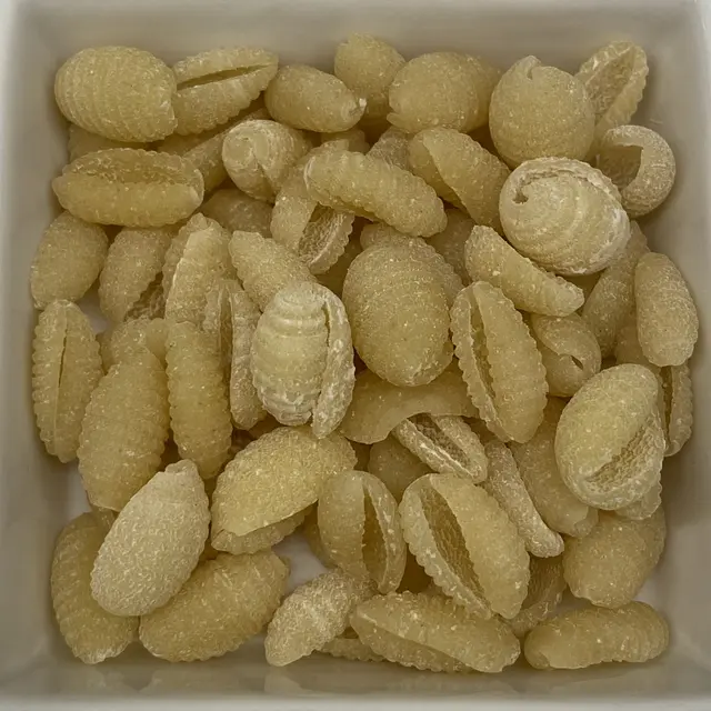 A close up shot of Malloreddus in a square white glass bowl